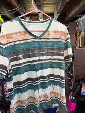 INC International Concepts Teal, Black & Brown Striped V‑Neck Tee